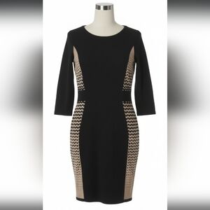 Elegant Black Tan Dress Nine West Large L Knit Sweater Dress 3/4" LIKE NEW